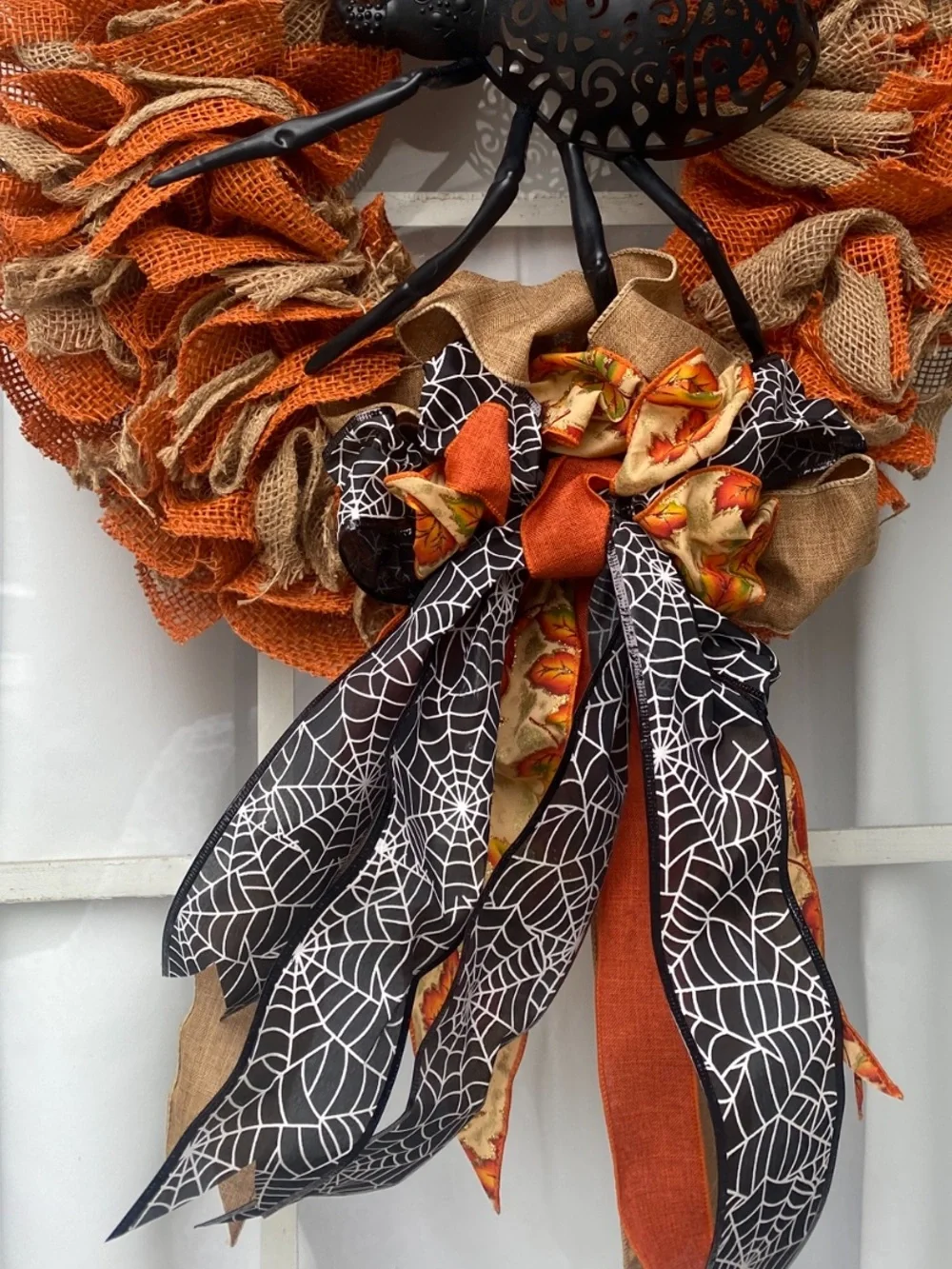 Spider Halloween Fall Door Wreath Burlap ribbon spiderweb Bow